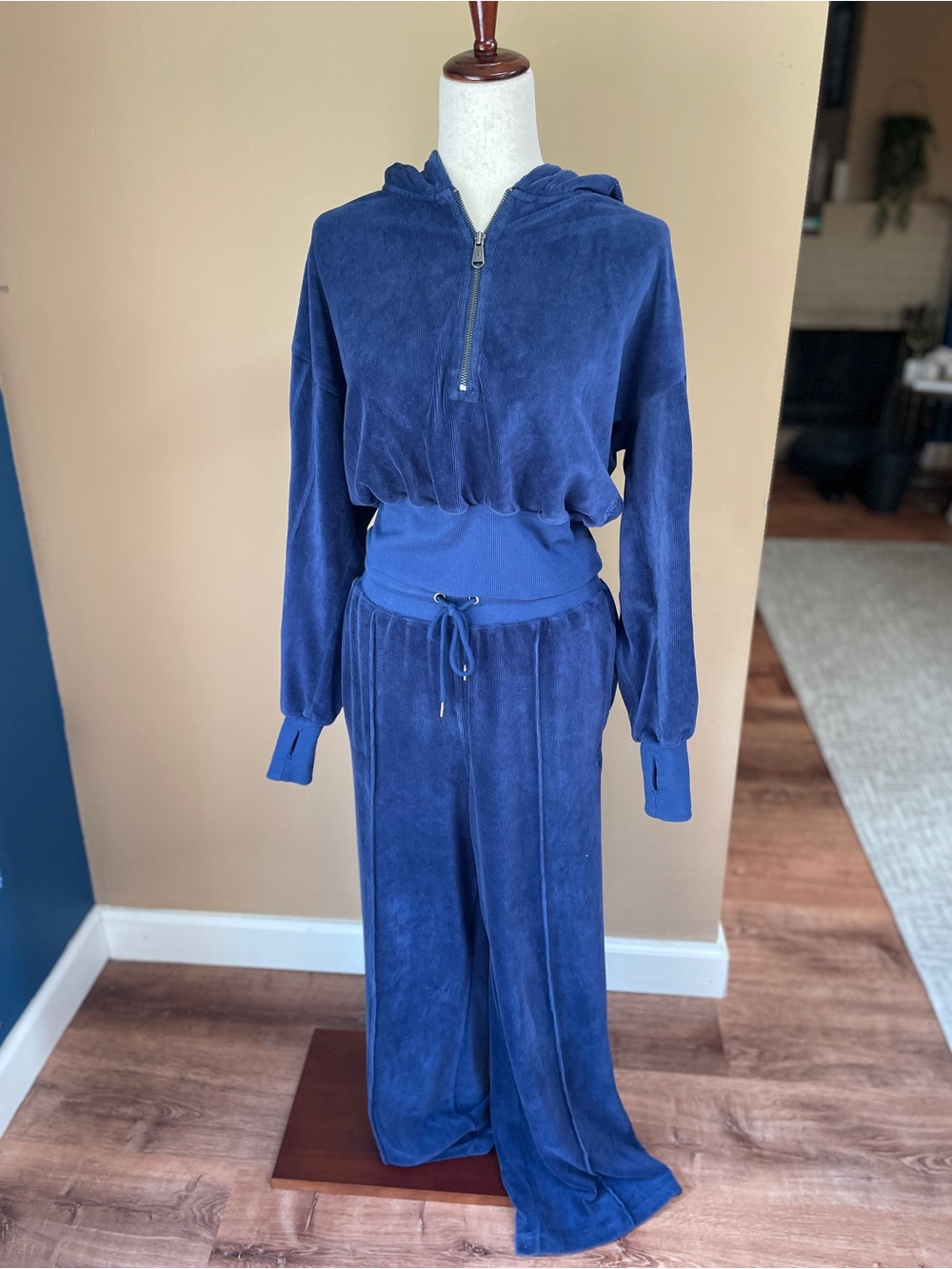 Free People Let's Volley Velour Tracksuit Set Medium Blue Hooded Wide Leg Zip